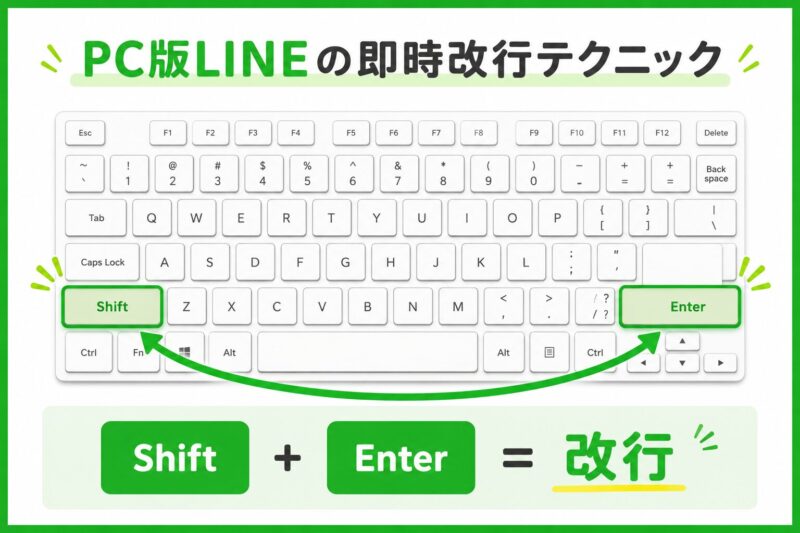 PC版LINEで改行するためのショートカットキー、ShiftキーとEnterキーを同時に押すことを示すイラスト