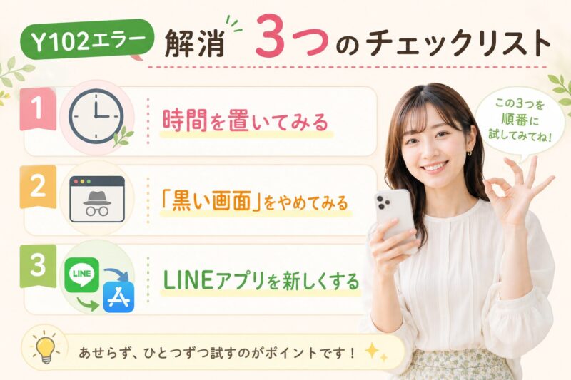 LINEヤフー連携エラーを解決する3つのステップ。1番目は時間を置く、2番目はプライベートブラウズの確認、3番目はアプリの更新