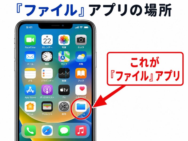 iPhoneのホーム画面に表示されている「ファイル」アプリのアイコンを指し示した画像