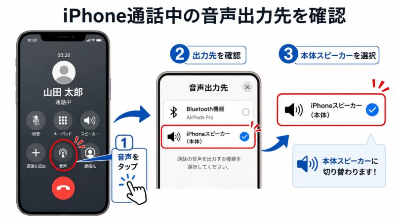 iPhoneの通話中に音声出力先を確認し、Bluetooth機器ではなく本体スピーカーへ切り替える手順を示した画像