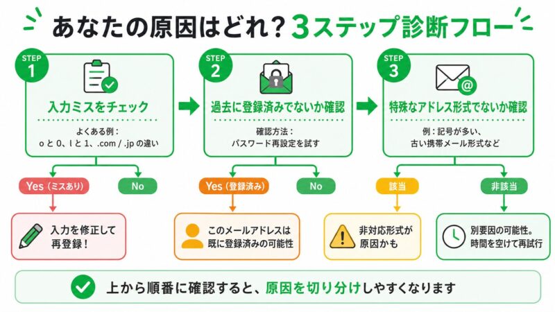 LINEでメールアドレスが登録できない原因を特定するための3ステップ診断フローチャート。入力ミス、登録済み、非対応形式の順番で確認します