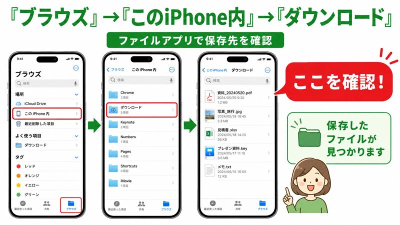 iPhoneのファイルアプリでダウンロードフォルダを確認する方法