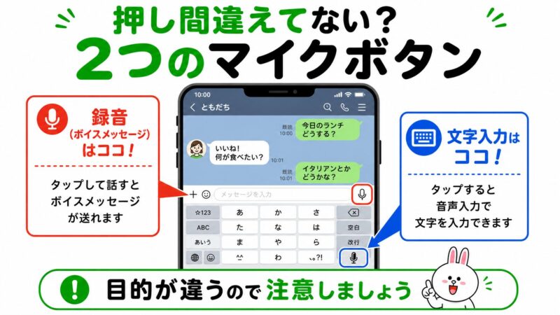 LINEのトーク画面に表示される2種類のマイクボタンの違いを示した図解。「音声入力」はキーボード上、「ボイスメッセージ」は入力欄の右側にあることを示している