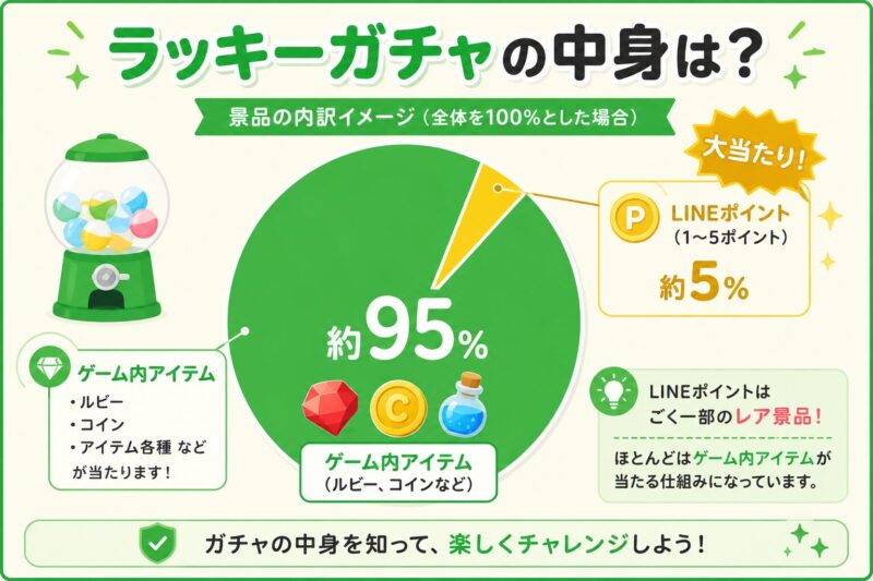 LINEラッキーガチャの景品内容は時期やキャンペーンによって変わるため、現在の注意事項を確認することを示す図解