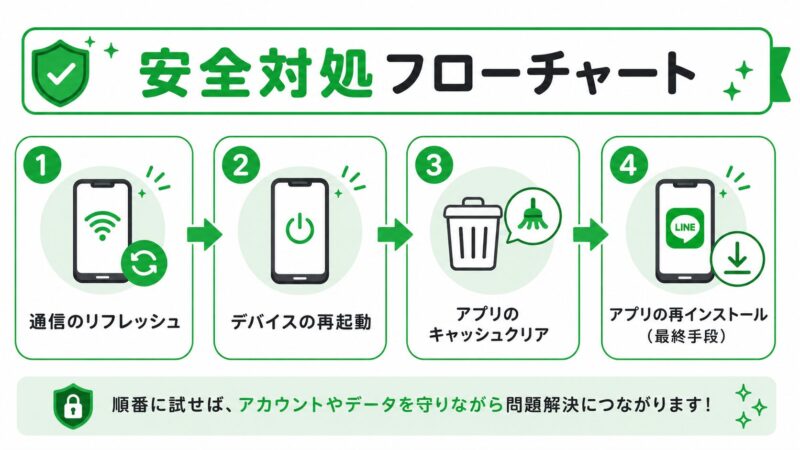 LINEゲームにログインできない時の安全対処フロー。障害確認、通信リフレッシュ、再起動、アップデート、アカウント確認の順に進める図解