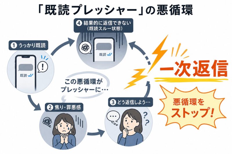 LINEをうっかり既読にしてしまい、焦りから返信できず既読スルー状態に陥る悪循環の図。その悪循環を「一次返信」が断ち切る様子が描かれている