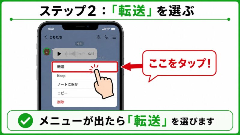表示されたメニューの中から「転送」ボタンをタップする操作を示した画像