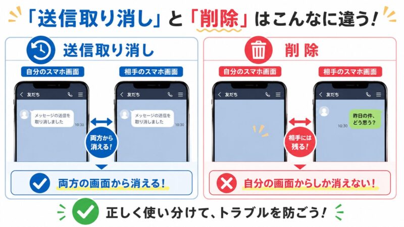 LINEの送信取り消しと削除の違いを示す図解。送信取り消しは自分と相手両方の画面からメッセージが消えるが、削除は自分の画面からしか消えないことを示している
