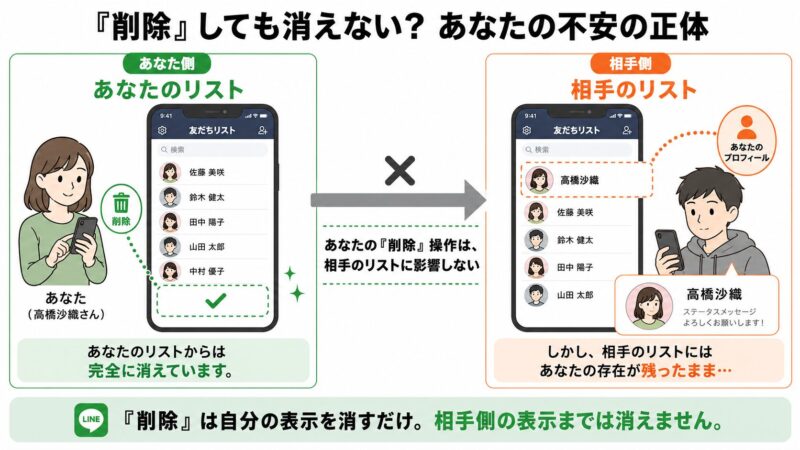 LINEで友だちを削除しても、相手の友だちリストには自分のプロフィールが残る可能性があることを示す図解