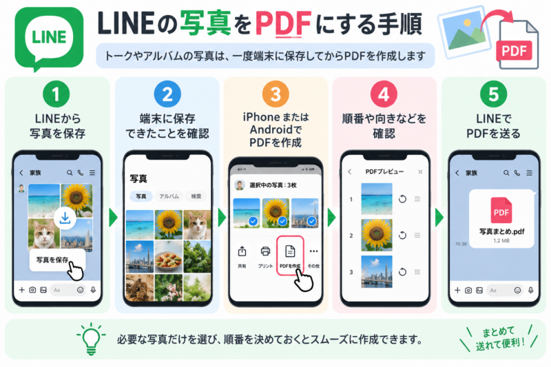 LINEの写真を保存してPDFを作成し送信する5ステップの説明図